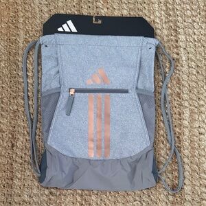 Adidas Gray and gold 3 stripes gym tote bag Alliance 3 Drawstring Sackpack NWT